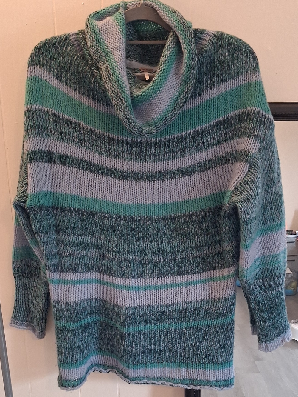 Free People Striped Cowl Neck Sweater Dress Tunic in Teal Shades and Light Blue